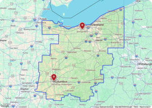 Map of Ohio with blue outlined borders, showing major cities and highways. Red location pins mark Cleveland in the north and Columbus in the central part of the state.