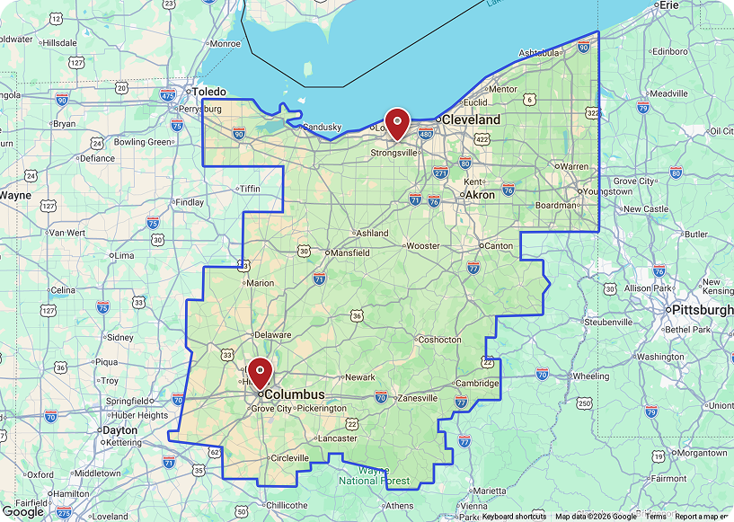 Map of Ohio with blue outlined borders, showing major cities and highways. Red location pins mark Cleveland in the north and Columbus in the central part of the state.