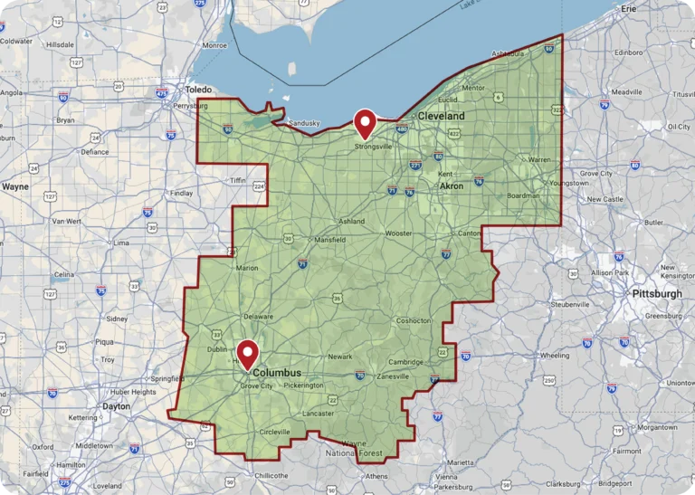 Map of Ohio with a red outline highlighting a central-northern region, featuring location pins over the Cleveland and Columbus areas.