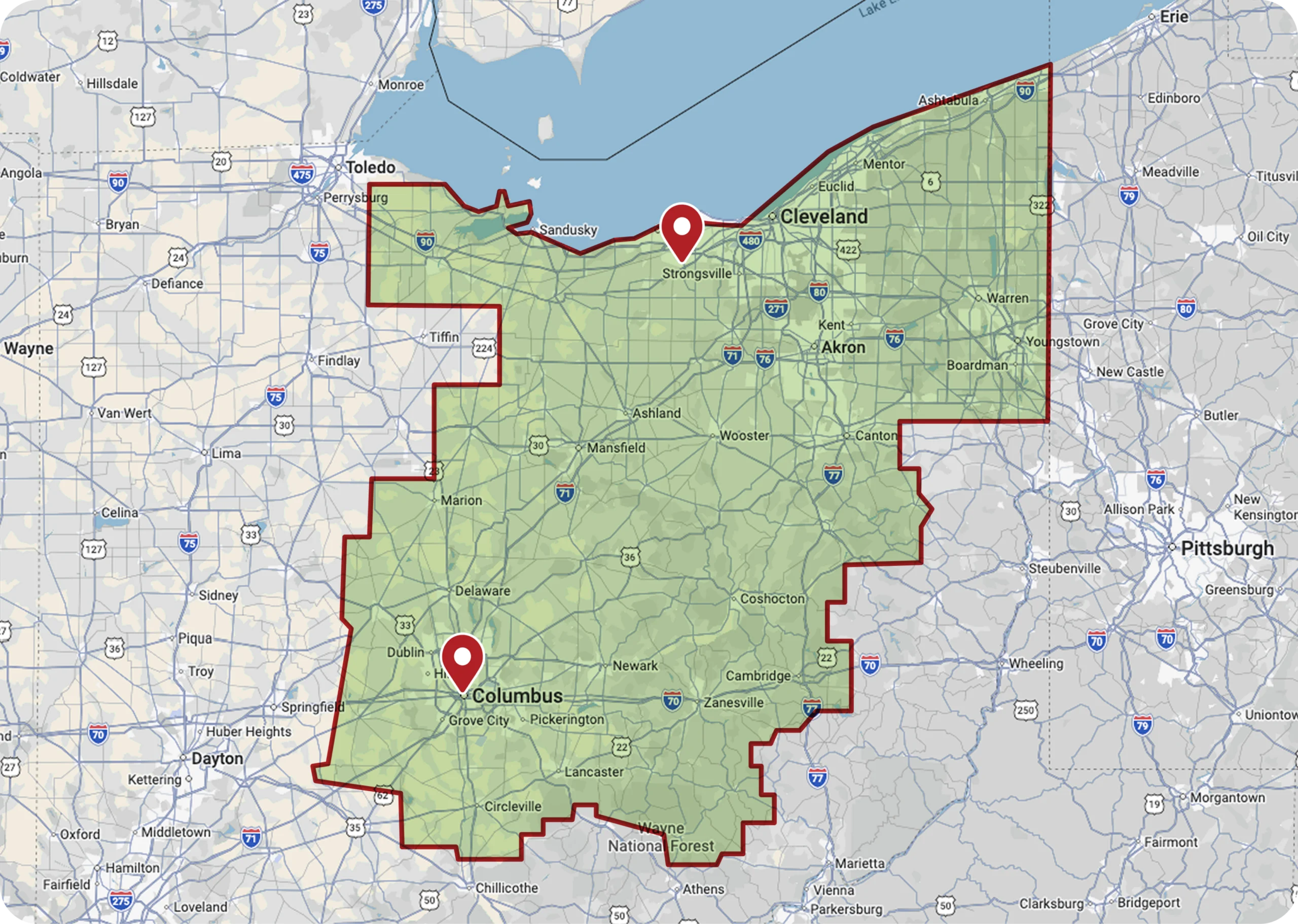 Map of Ohio with a red outline highlighting a central-northern region, featuring location pins over the Cleveland and Columbus areas.