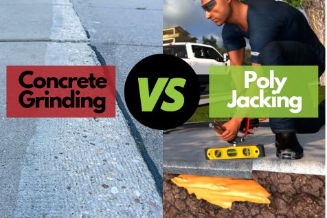 Split image comparing concrete grinding on the left with poly jacking on the right, showing a worker leveling a sidewalk above foam injection.