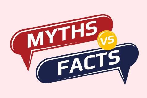 Two speech bubbles, one red with “MYTHS” and one blue with “FACTS,” are separated by a yellow circle with “VS” on a light pink background.