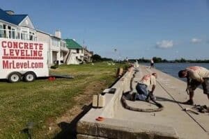 Two workers repair a concrete walkway beside a canal, with a trailer labeled “CONCRETE LEVELING MrLevel.com” parked on the grass nearby.