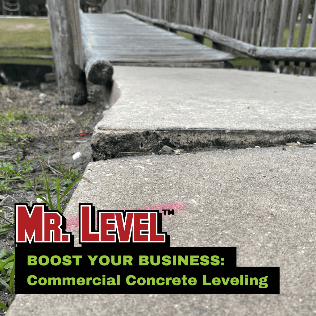 A cracked and uneven concrete sidewalk beneath a wooden footbridge, with text promoting commercial concrete leveling services by Mr. Level.