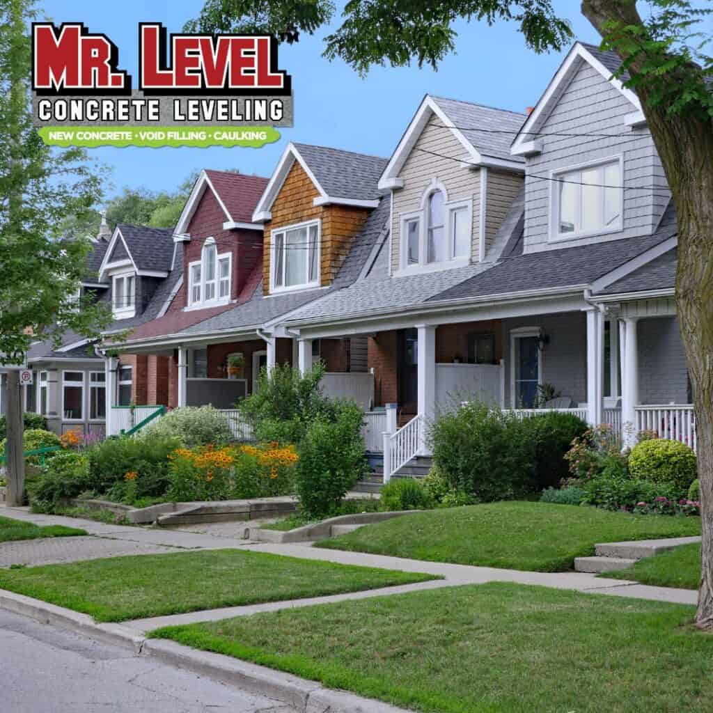 Row of well-kept suburban houses with front porches and gardens; “Mr. Level Concrete Leveling” logo appears in the top left corner.