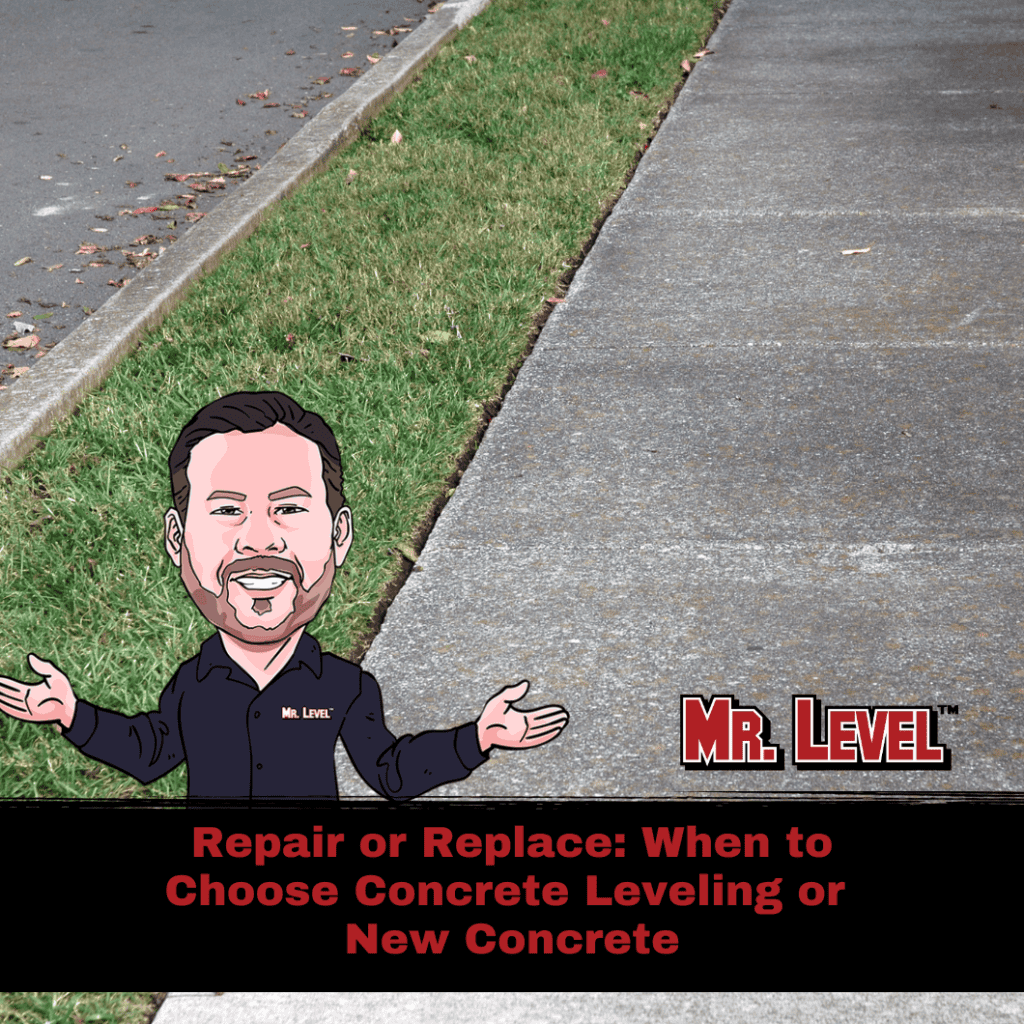 A cartoon man stands beside a sidewalk, with text: “Repair or Replace: When to Choose Concrete Leveling or New Concrete. Mr. Level.”.