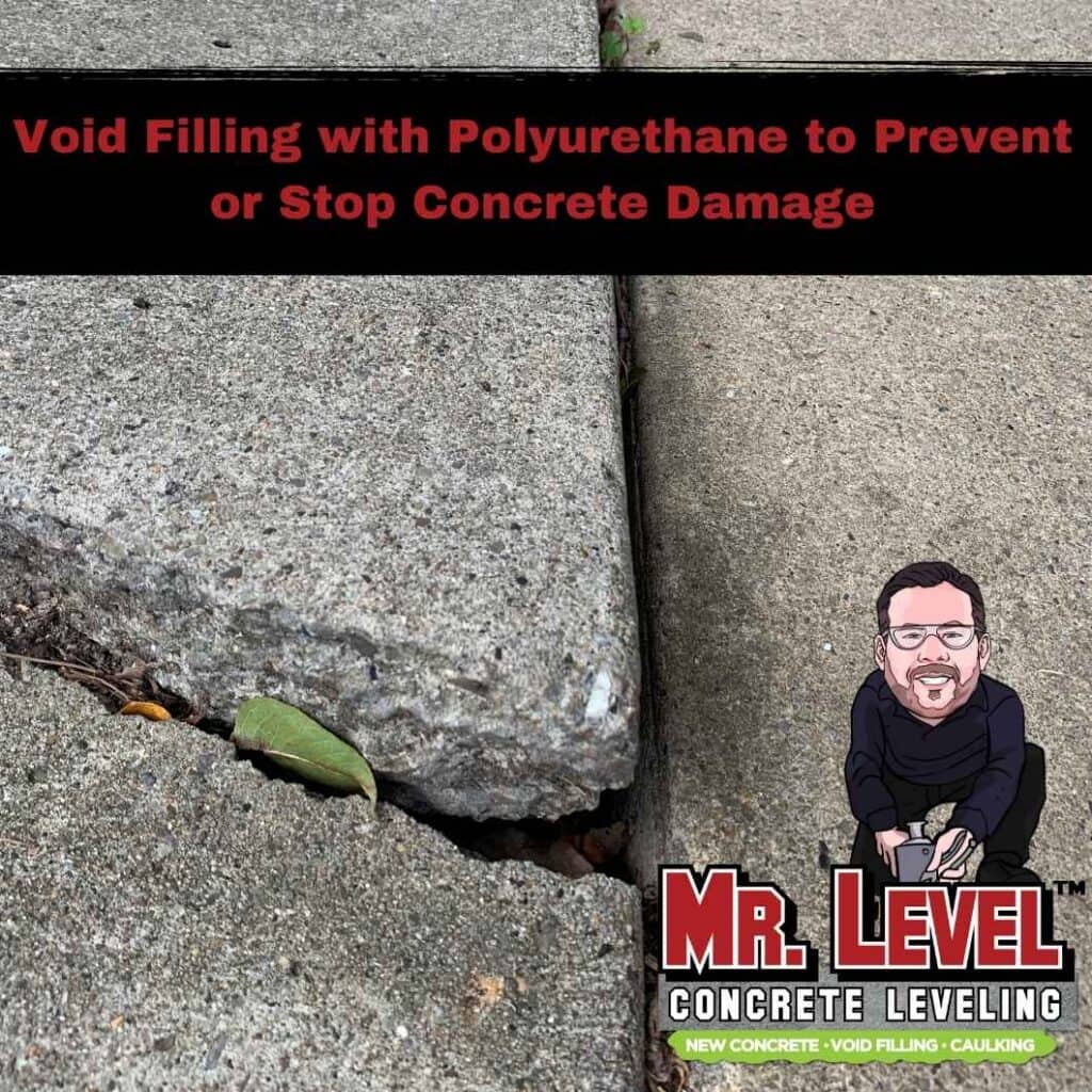 Close-up of cracked and uneven concrete slabs with text about polyurethane void filling to prevent or stop damage. Mr. Level Concrete Leveling logo in bottom right corner.