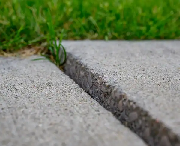 Close-up of a crack between two concrete pavement slabs with a few blades of grass growing in the background, highlighting the kind of damage that may benefit from a Concrete Leveling Estimate.