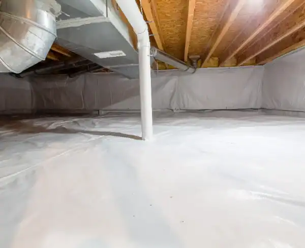 A clean, encapsulated crawl space with plastic vapor barrier on the floor and walls showcases professional Crawlspace Encapsulation, featuring exposed ceiling beams, ductwork, and a white support pipe.