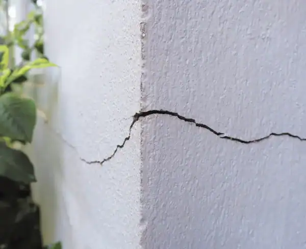 A close-up of a large crack running along the corner of a white exterior wall, possibly indicating the need for foundation repair, with green leaves visible on the left side.