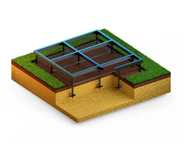 3D illustration of a section of ground with metal support beams, Helical Piers, and a rectangular steel frame, showing a basic foundation structure.