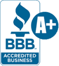 Better Business Bureau Accredited Business logo with an A+ rating shown in a blue circle.