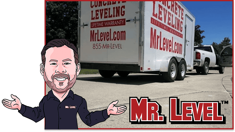 A cartoon man stands next to a truck and trailer labeled “Mr. Level Concrete Leveling” with website and phone information, parked on a driveway under a clear sky.