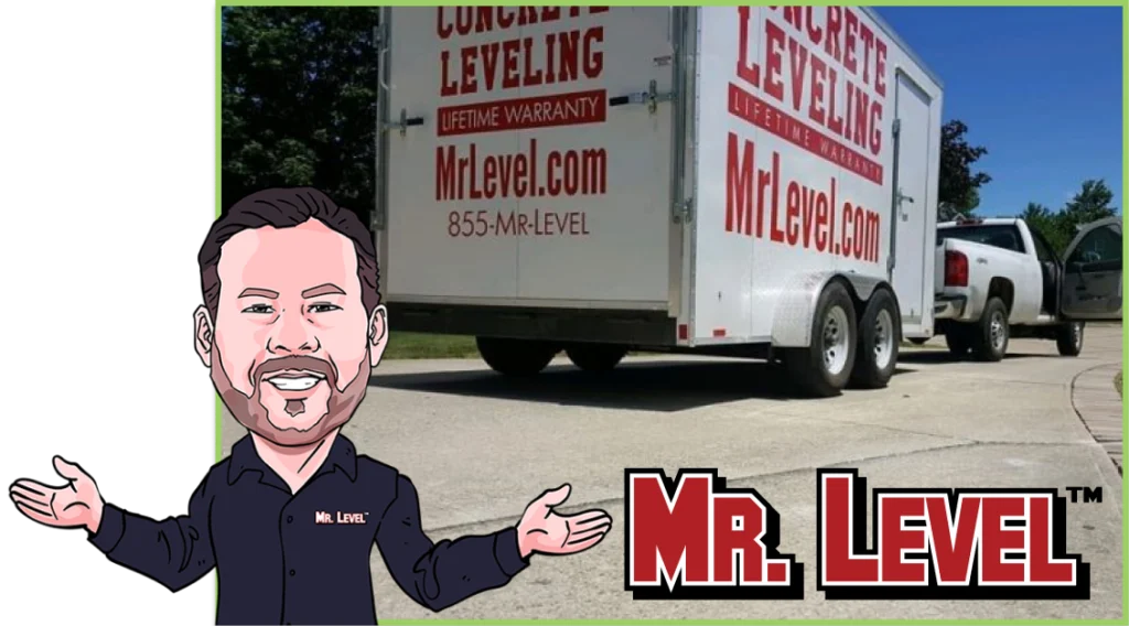Cartoon of a smiling man gesturing toward a white trailer branded with “Concrete Leveling” and “MrLevel.com” being towed by a pickup truck.